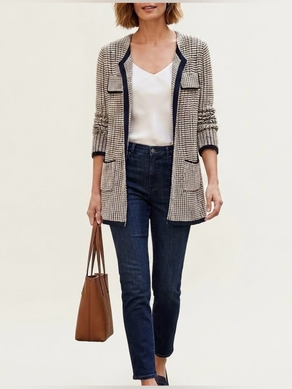 NIC+ZOE Open Cardigan Sweater Cream Black Textured Knit Layer Casual Chic Sz M - Picture 1 of 13